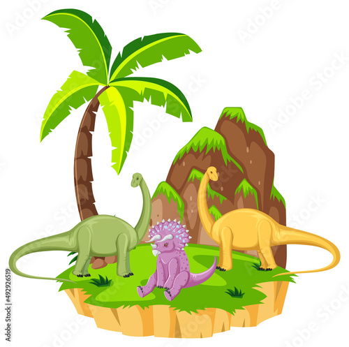 Scene with dinosaurs brontosaurus and triceratops on island