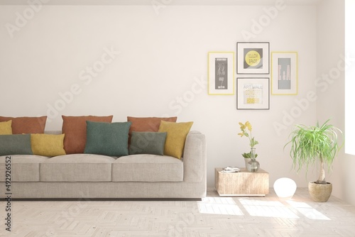 White living room with sofa. Scandinavian interior design. 3D illustration