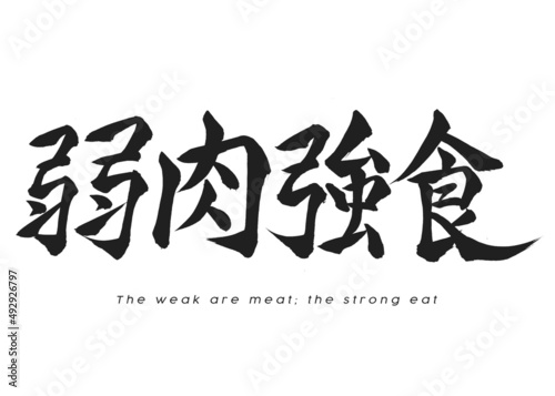 Japanese Calligraphy    Jakuniku-kyoushoku   . This means is    The weak are meat  the strong do eat   .