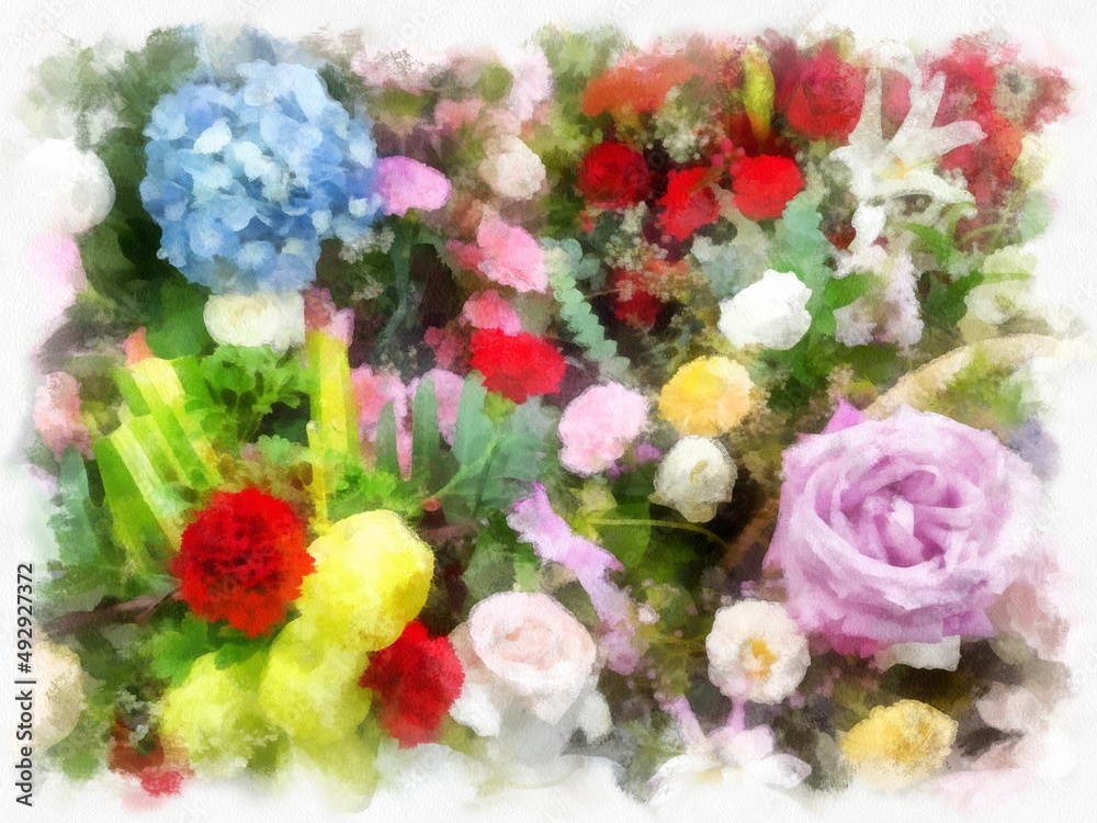 A bouquet of bright red, pink, light blue and white colors. watercolor style illustration impressionist painting.