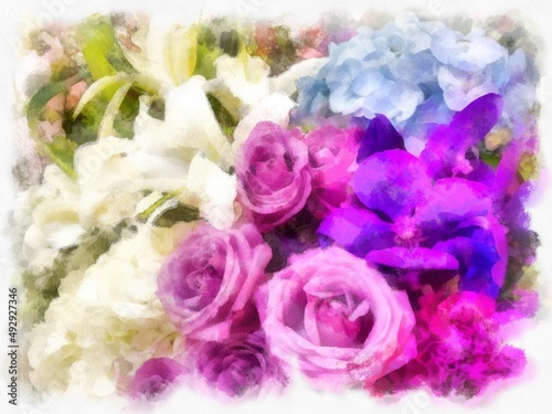 A bouquet of light pink and white and light blue. watercolor style illustration impressionist painting. © Kittipong