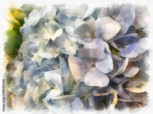 bouquet with blue-white flowers watercolor style illustration impressionist painting.