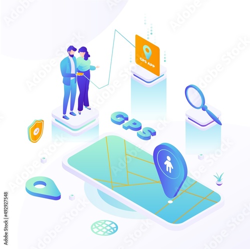 Parents tracking kids location with gps mobile app, vector isometric illustration. Parental control.