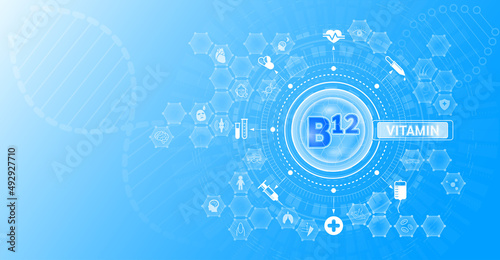 Vitamin B12 and Mineral supplements complex pharmaceutical capsule. Vitamins food sources and functions. Health care and science icon pattern medical innovation. On a blue background. Vector EPS 10.