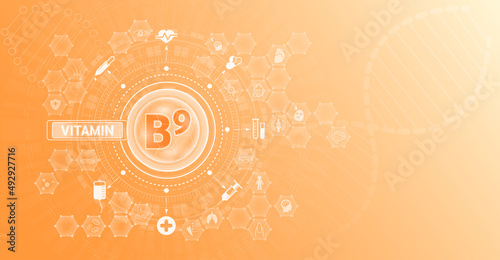 Vitamin B9 and Mineral supplements complex pharmaceutical capsule. Vitamins food sources and functions. Health care and science icon pattern medical innovation. On a orange background. Vector EPS 10.