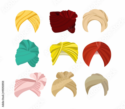 Fotografie, Obraz Arabian or Indian colorful turbans cartoon illustration set