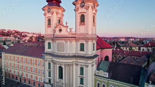 Front side of Church of St Anthony in Eger, Hungary. Aerial moving up photo