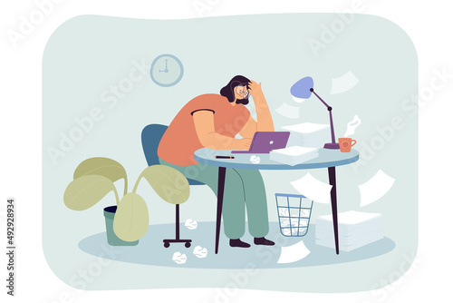 Tired overworked woman sitting at table flat vector illustration. Busy frustrated accountant or workaholic with paper piles on desk. Female office employee working on laptop. Workplace, stress concept