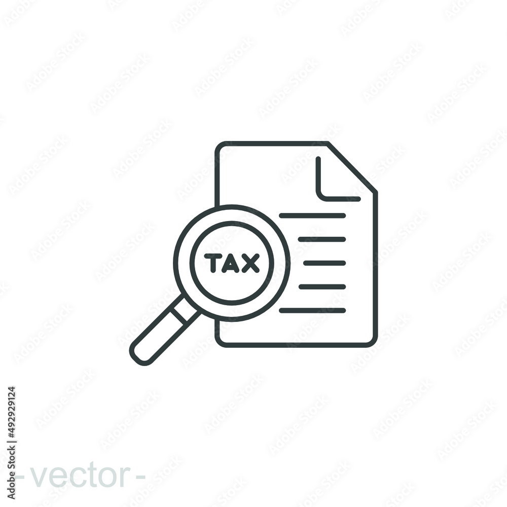 Tax identification icon. Simple outline style. Document with magnifying glass, file analysis concept. Vector illustration design isolated. Editable stroke EPS 10. Tax identification icon. Simple outline style. Document with magnifying glass, file analysis concept. Vector illustration design isolated. Editable stroke EPS 10.