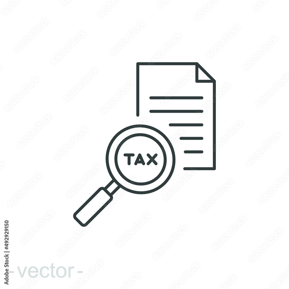 Tax identification icon. Simple outline style. Document with magnifying glass, file analysis concept. Vector illustration design isolated. Editable stroke EPS 10. Tax identification icon. Simple outline style. Document with magnifying glass, file analysis concept. Vector illustration design isolated. Editable stroke EPS 10.