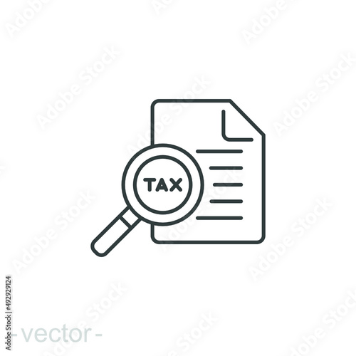 Tax identification icon. Simple outline style. Document with magnifying glass, file analysis concept. Vector illustration design isolated. Editable stroke EPS 10.