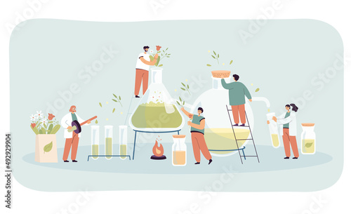 Tiny people making essential oils flat vector illustration. Laboratory workers mixing herbs and ingredients in distiller for production skin care or beauty products. Chemistry, cosmetology concept