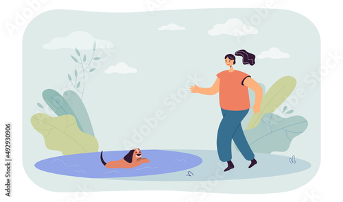 Girl walking with dog in nature flat vector illustration. Happy puppy swimming in pond  owner playing with pet in park. Friendship  care concept for banner  website design or landing web page