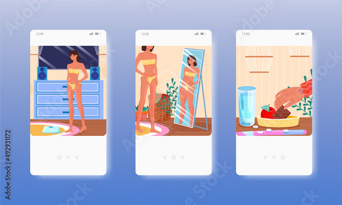 Anorexia. Eating disorder, mental health. Mobile app screens, vector website banner template. UI, web site design