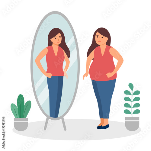 Fat woman looking in the mirror and seeing herself slim and skinny shape in flat design on white background. Self confidence or self esteem.
