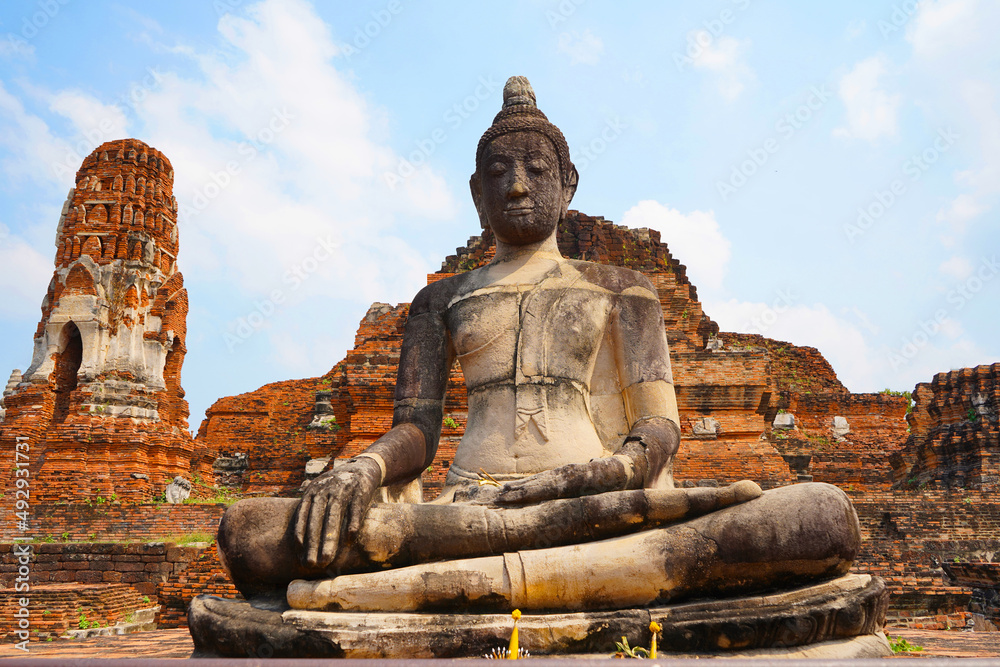 Buddha image in front of the main pagoda of Wat Mahathat Ayutthaya Historical Park, Thailand. Buddha image in front of the main pagoda of Wat Mahathat Ayutthaya Historical Park, Thailand.
