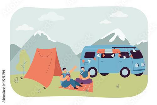 Couple at picnic in mountains flat vector illustration. Happy man and woman sitting on blanket near van and drinking cocktails. Trip, travel concept for banner, website design or landing web page