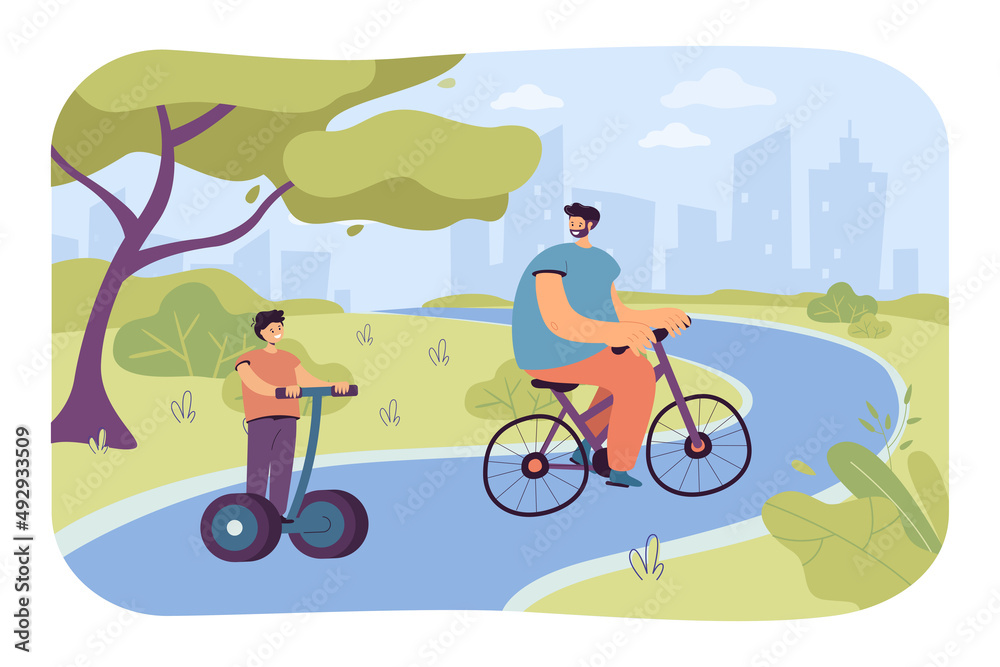 Father and son riding bike and hoverboard in park. Dad and kid spending time together, doing physical activity flat vector illustration. Sport concept for banner, website design or landing web page
