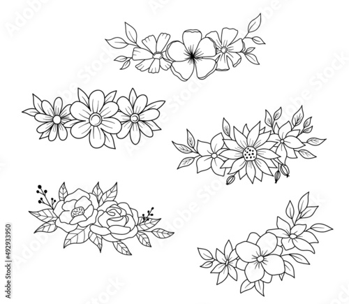 Set of Flower border with flowers and leaves in outline style. Vector line wildflowers. Elegant floral bouquet hand drawn isolated on white background