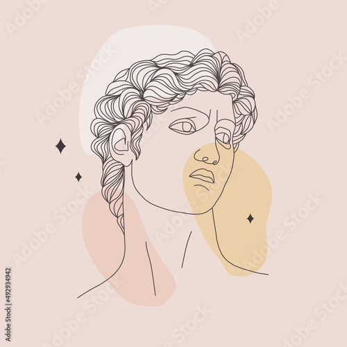 Ancient greek sculpture. Linear head of David. God antique statue. Trendy vector illustration in one line drawing style. Minimalist male bust with abstract shapes.