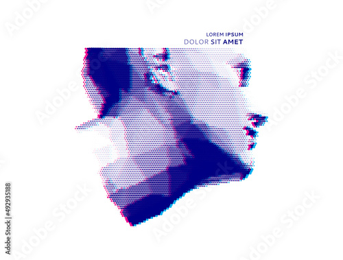 Abstract man head made from dots. Side view of dotted face background. Facial recognition. 3D vector illustration.