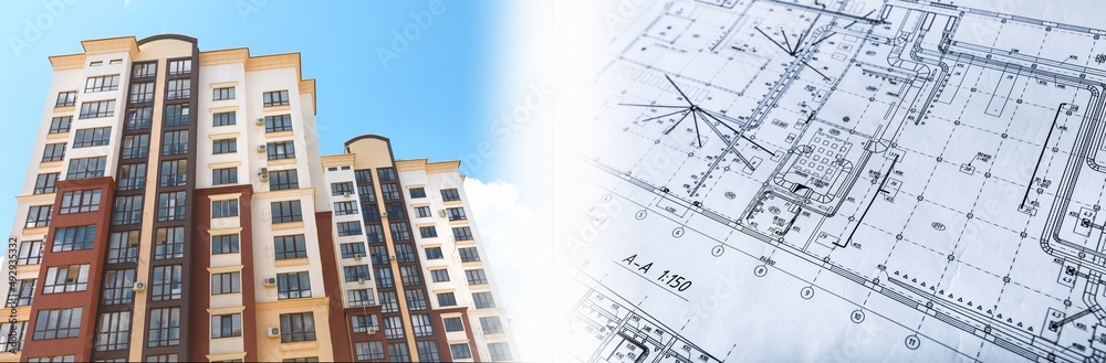 Condominium residential building scaffolding in a construction concept image with hand drawing over a city map