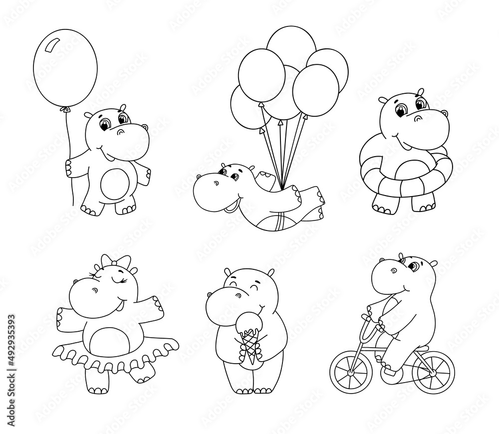 Cute little hippo outline drawing. Line art illustration for coloring book. Funny cartoon baby hippopotamus by bike, with balloon and ice cream isolated on white background