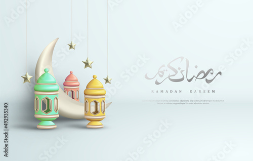 Ramadan kareem background with colorful lanterns and moon