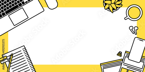 ビジネスのワークスペースのベクターイラスト背景(Desk, PC, Laptop, Business, Vector, Desktop, Laptop, Smartphone, Notebook PC, Documents, Documents, Mobile Phone, Notebook, Coffee, Writing Tools, Ball Pen, Smartphone, Phone)