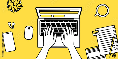 パソコンを操作する人のビジネスのワークスペースのベクターイラスト背景(Desk, PC, Laptop, Business, Vector, Desktop, Laptop, Smartphone, Notebook PC, Documents, Documents, Mobile Phone, Notebook, Coffee, Writing Tools, Ball Pen, Phone)