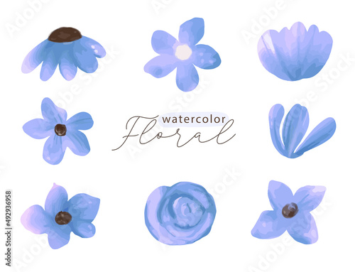 Watercolor blue purple floral element set of wildflowers  herbs  leaf branches. Isolated botanical wedding on white background art