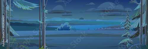 Night landscape with trees and fir trees. Coniferous forest at dusk. Dark summer scene. Horizontal Illustration in cartoon style flat design. Vector