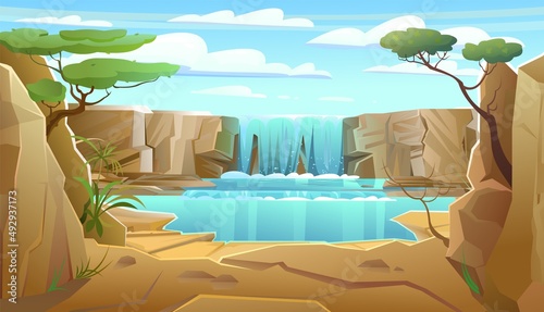 African lake landscape with waterfall among rocks. Cascade shimmers downward. Water flowing. Acacia branches. Cool cartoon style. Vector