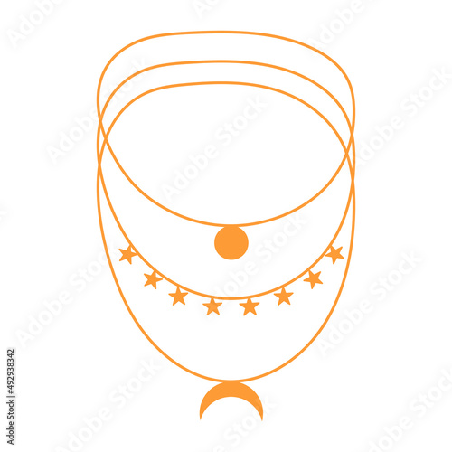 Boho style necklace with stars, moon and circle. Handmade jewelry in ethnic style.