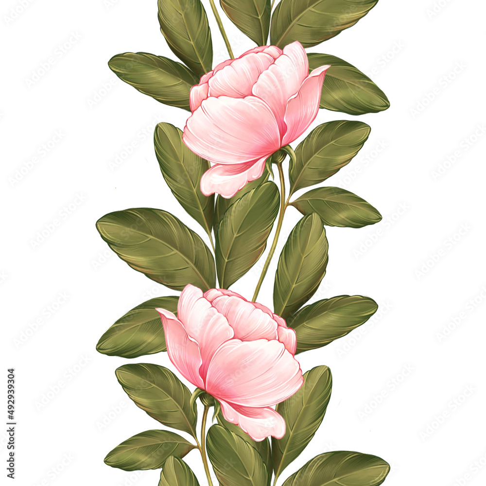 Seamless border of pink flowers and green leaves. Floral pattern.