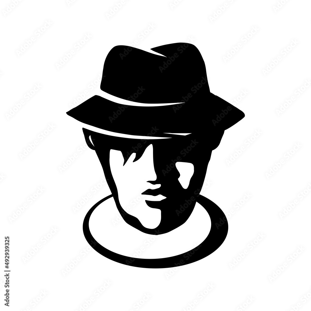 Mysterious crime mafia agent logo. Detective man people hat face profil silhouette vector art