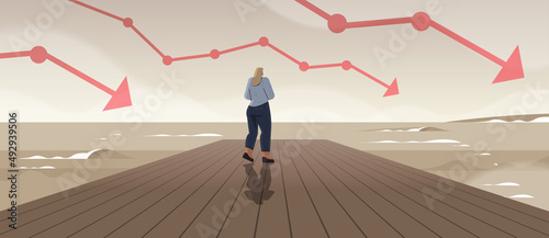 rear view businesswoman standing on wooden pier and looking to sea business and challenge crisis bankruptcy