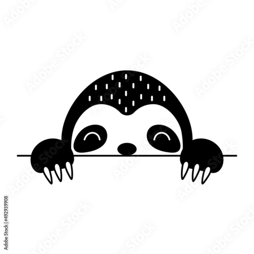 Cartoon sloth face in Scandinavian style. Cute animal for kids t-shirts, wear, nursery decoration, greeting cards, invitations, poster, house interior. Vector stock illustration