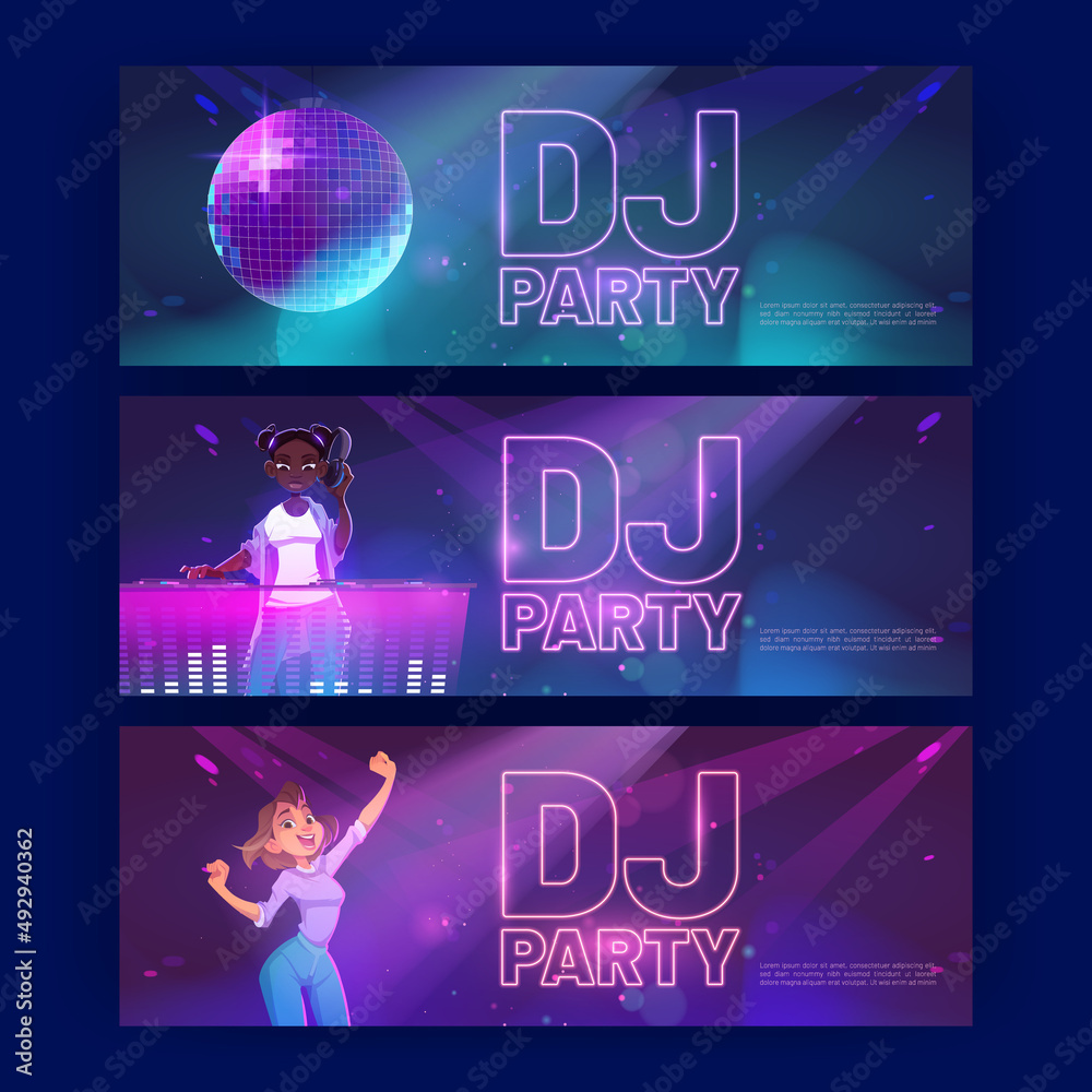 Dj party banners with disco ball, girl dance and mixer console. Vector  invitation flyers to nightclub, music club, discotheque with cartoon  illustration of woman dj with headphones in neon light Stock Vector |