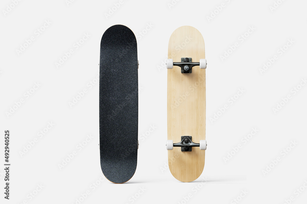 Black wooden skateboard mockup isolated on white background. front and back side, 3d rendering. Empty wooden timber for urban skating mock up, top and side view, isolated.  - obrazy, fototapety, plakaty 