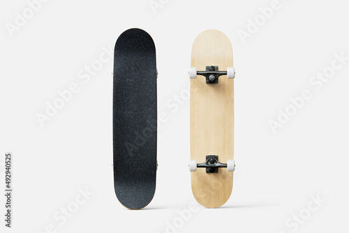 Black wooden skateboard mockup isolated on white background. front and back side, 3d rendering. Empty wooden timber for urban skating mock up, top and side view, isolated.  photo