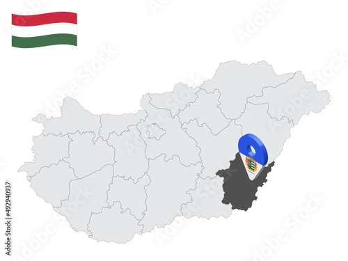 Location Bekes County on map Hungary. 3d location sign similar to the flag of  Bekes. Quality map  with  Regions of the Hungary for your design. EPS10 photo