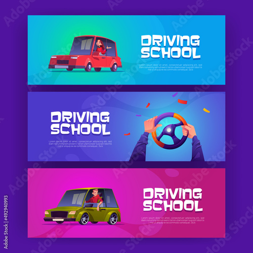 Driving school posters with man and woman sitting in cars. Vector banners of education and test for driver license with cartoon illustration of happy people in vehicle and hands on steering wheel