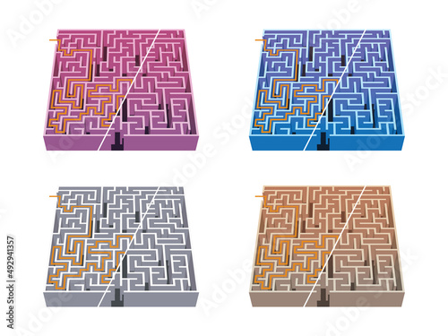 4 colors labyrinths / mazes 4 with solution game for kids (ID: 492941357)