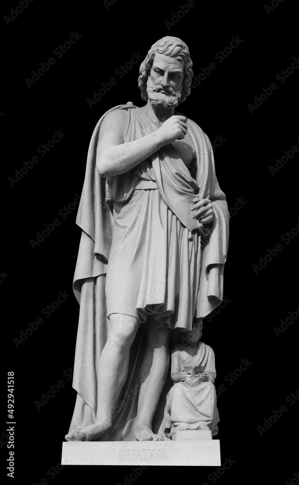 Statue of Onatas in Saint Petersburg. He was an ancient Greek sculptor of the time of the Persian Wars and a member of the flourishing school of Aegina on black background with clipping path