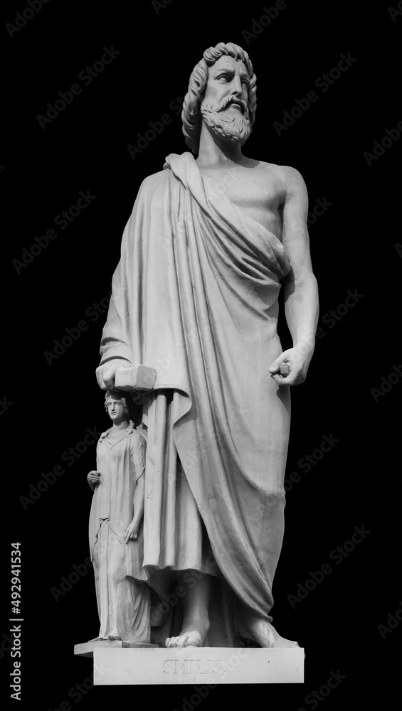 Statue of sculptor Smilis adorns the building of the New Hermitage. Isolated on black background with clipping path Statue of sculptor Smilis adorns the building of the New Hermitage. Isolated on black background with clipping path