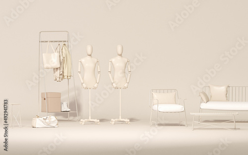 Studio room with Clothes on shelf and mannequin, armchair outdoor in pastel and white color. Creative composition. 3D render for social media, shopping store, studio. Minimalist lifestyle 