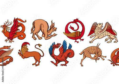 Medieval mythical animals, illuminati manuscript inspiration, romanesque style. Seamless pattern, background. Vector illustration.