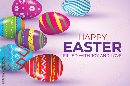 Happy Easter greeting card with colorful easter egg and holiday wishes on purple background. Vector illustration.