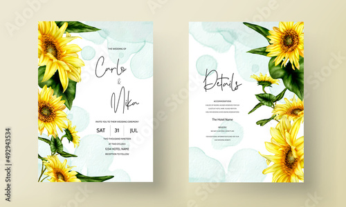 watercolor sun flower floral invitation card set template